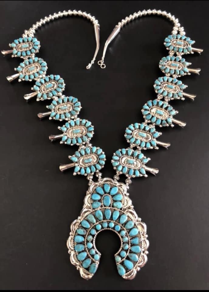 230206-90 Navajo Squash Blossom Necklace - Fine Blue Gem Turquoise