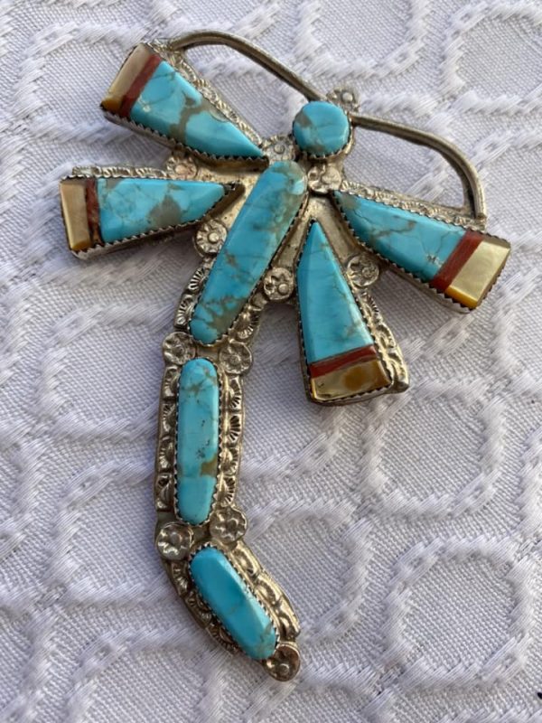 Zuni Eldred Martinez Signed Sterling Silver Inlaid Turquoise Dragonfly Pin Pendant