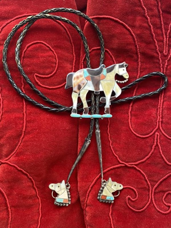 Zuni Nora Leekity Signed Sterling Silver Inlay Appaloosa Horse Bolo Tie & Matching Tips/