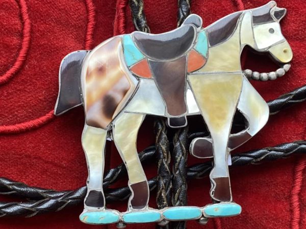 Zuni Nora Leekity Signed Sterling Silver Inlay Appaloosa Horse Bolo Tie & Matching Tips/ - Image 3