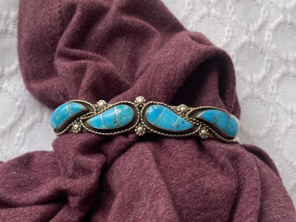 Zuni Brian Leekity Signed Turquoise Sterling Silver Teardrop Cuff Bracelet/