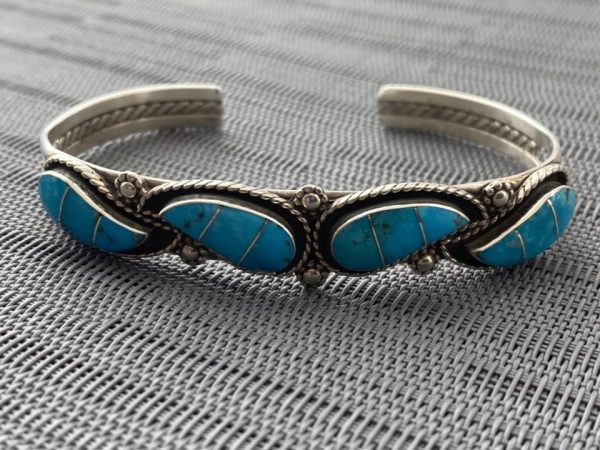 Zuni Brian Leekity Signed Turquoise Sterling Silver Teardrop Cuff Bracelet/ - Image 2