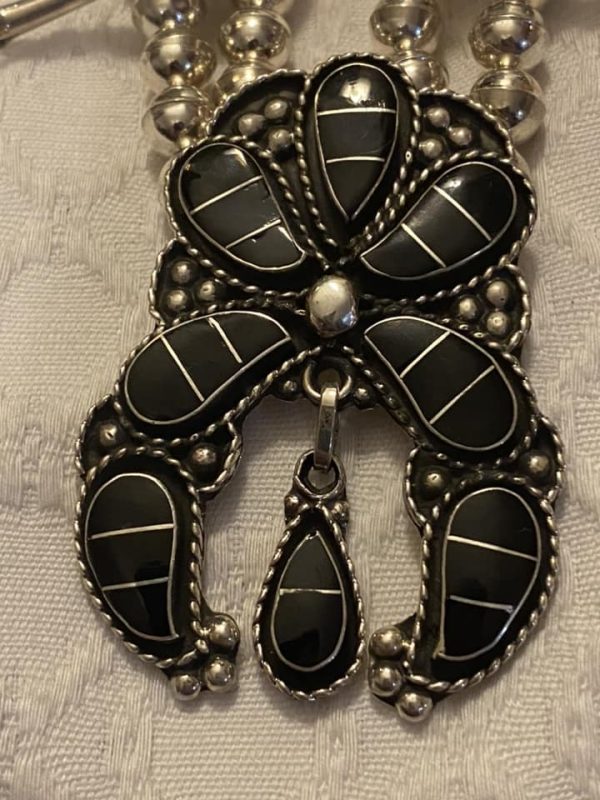 Zuni Susie Lowsayatee Signed Acoma Black Jet Sterling Silver Teardrop Squash Blossom Necklace/ - Image 3