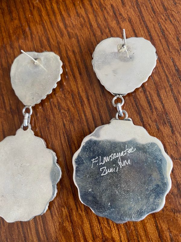 Zuni Faye Lowsayatee Signed Turquoise Sterling Silver Teardrop Heart And Pinwheel Post Earrings/ - Image 2