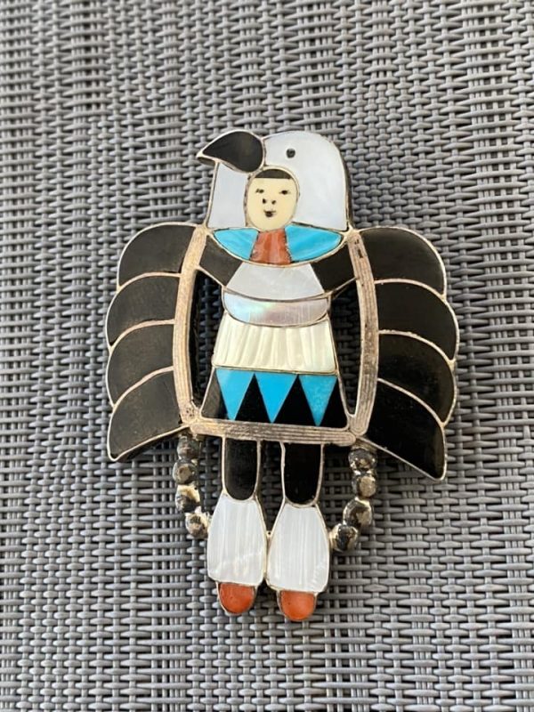 Zuni Madeline Beyuka Signed Inlay Sterling Silver Eagle Dancer Pin Pendant/ - Image 2