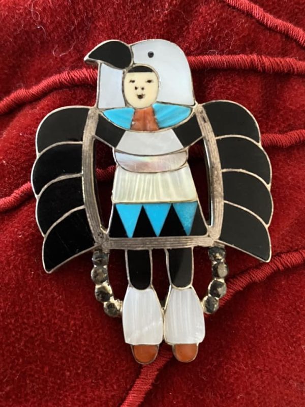 Zuni Madeline Beyuka Signed Inlay Sterling Silver Eagle Dancer Pin Pendant/