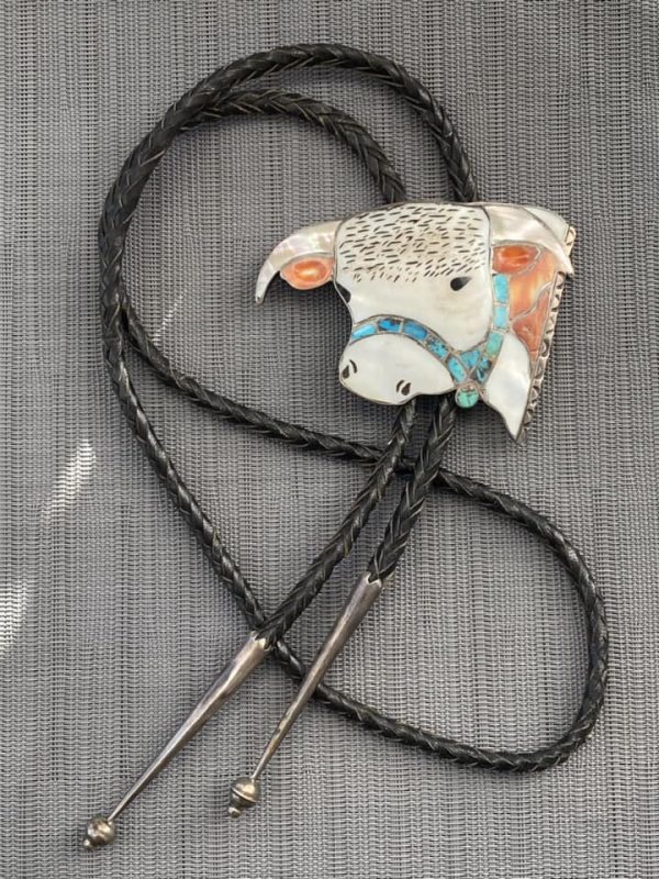 Zuni Vintage Helen and Lincoln Zunie Inlay Carved Sterling Silver Hereford Cow Bolo Tie/ - Image 2