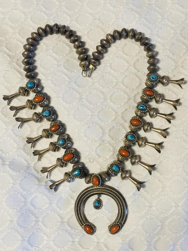 Navajo Vintage Turquoise Red Coral Signed Inlay Sterling Silver Squash Blossom Necklace/