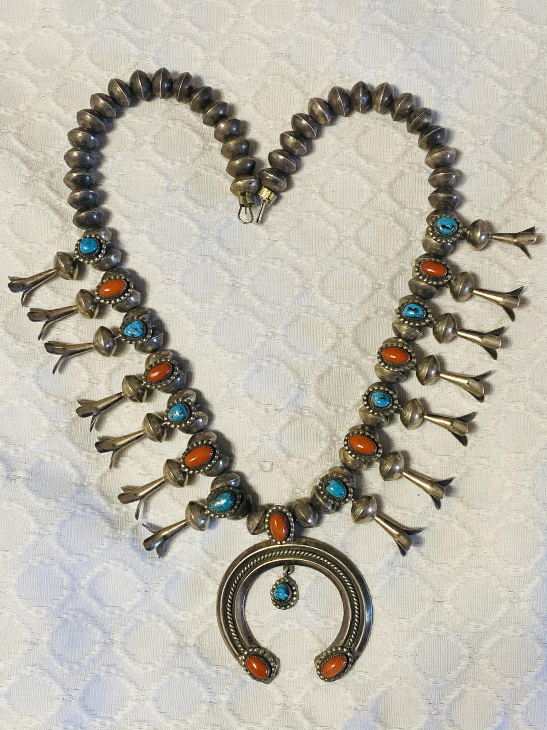 Signed Vintage Native American Navajo Turquoise Inlay Sterling Silver Squash Blossom Necklace Signed Vintage Native American Navajo Turquoise Inlay Sterling Silver Squash Blossom Necklace