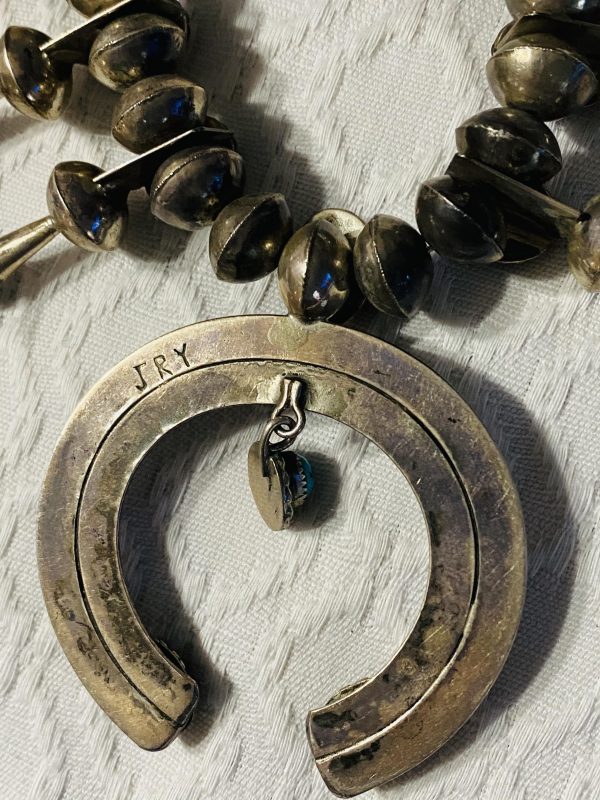 Navajo Vintage Turquoise Red Coral Signed Inlay Sterling Silver Squash Blossom Necklace/ - Image 3
