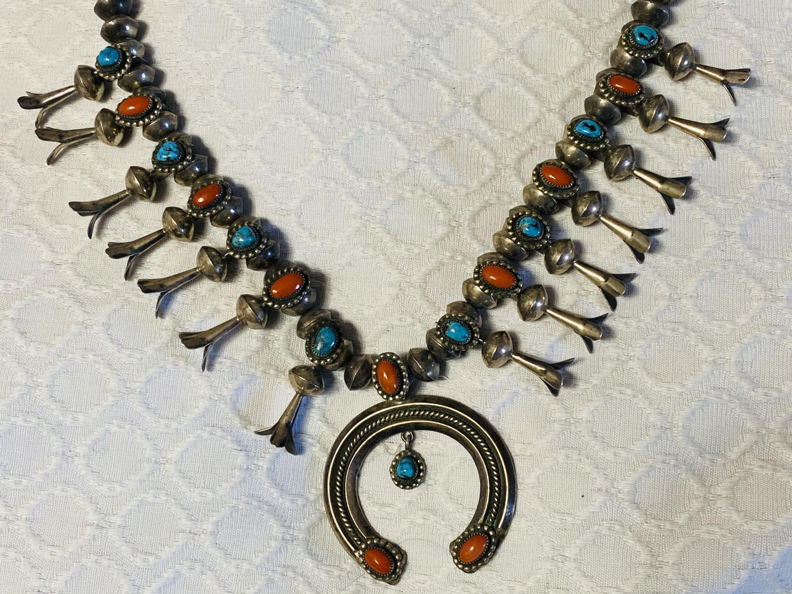 Signed Vintage Native American Navajo Turquoise Sterling Silver Squash Blossom Necklace