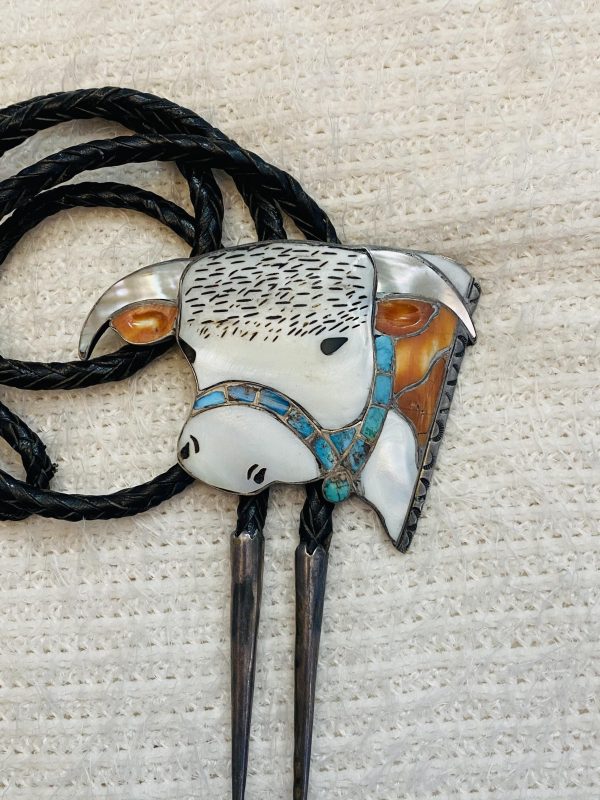Zuni Vintage Helen and Lincoln Zunie Inlay Carved Sterling Silver Hereford Cow Bolo Tie/