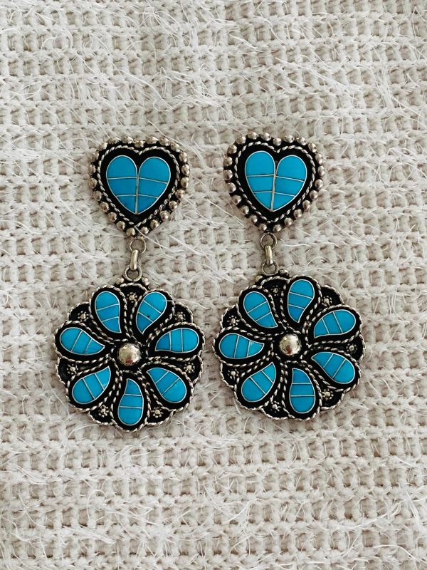 Zuni Faye Lowsayatee Signed Turquoise Sterling Silver Teardrop Heart And Pinwheel Post Earrings/