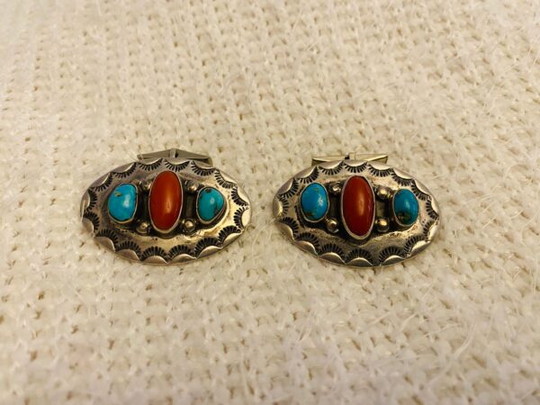 Vintage Navajo JH Signed Sterling Silver Turquoise & Coral Stamped Cuff Links/