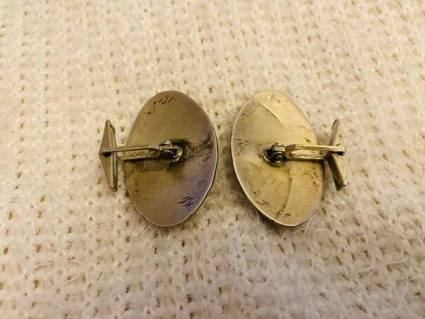 Vintage Navajo JH Signed Sterling Silver Turquoise & Coral Stamped Cuff Links/ - Image 2