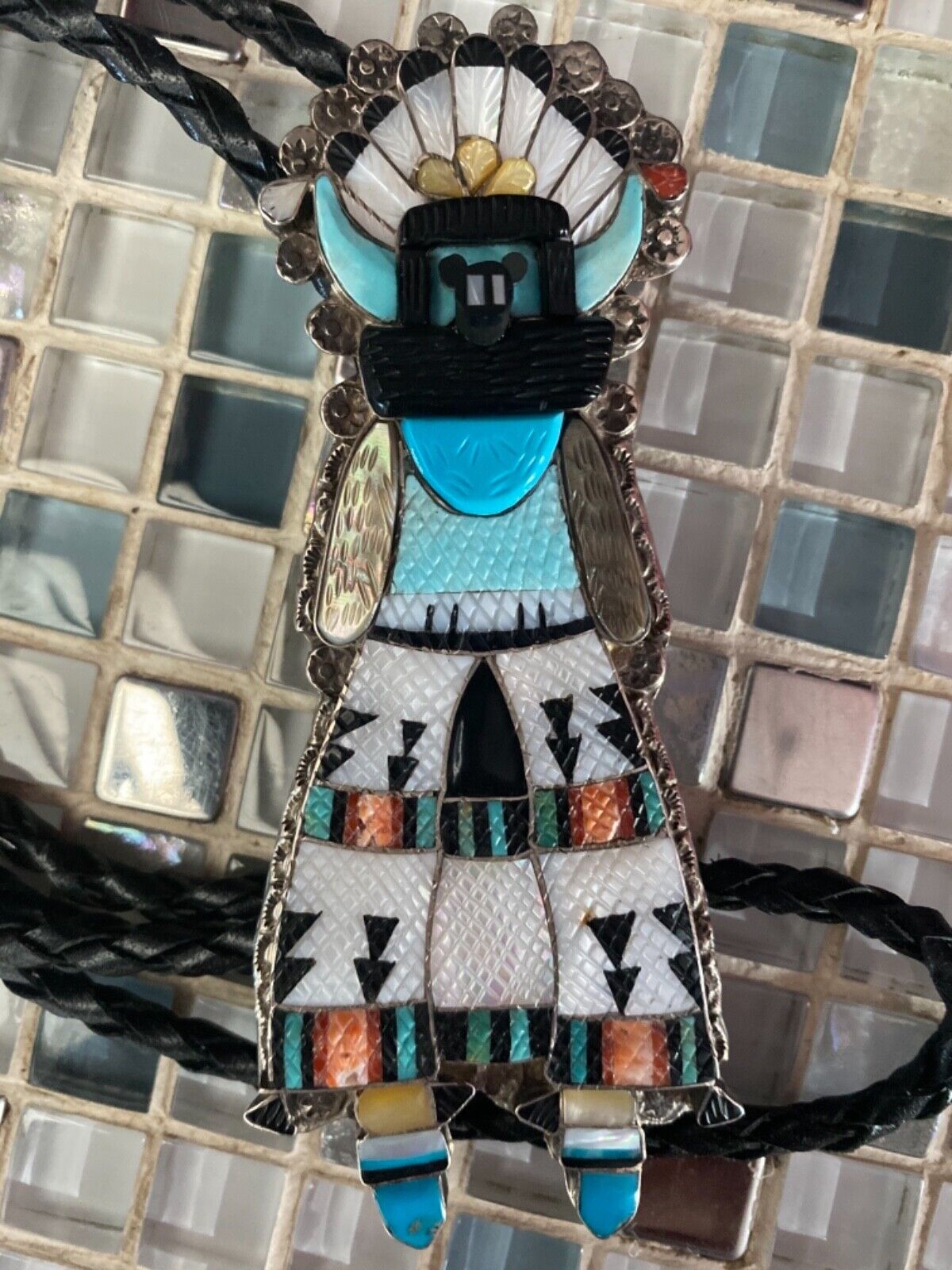 Zuni Eldred Martinez signed Sterling Silver Inlaid Shalako Kachina Dancer  Bolo Tie and Stand - Kenneth Maxymowich Jewellery