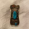 Navajo W Signed Sterling Silver Red Coral Turquoise Stamped Cuff Bracelet/