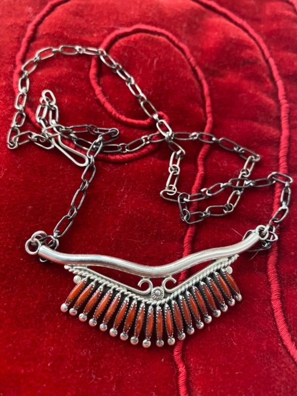 Zuni Norbert and Florenda Haskie Signed Needlepoint Sterling Silver Red Coral Necklace/