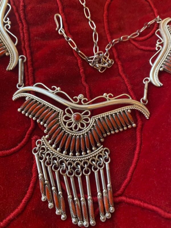 Zuni Norbert and Florenda Haskie Signed Needlepoint Sterling Silver Red Coral Necklace with Dangles/ - Image 2
