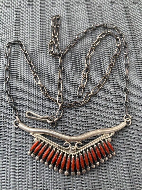 Zuni Norbert and Florenda Haskie Signed Needlepoint Sterling Silver Red Coral Necklace/ - Image 7