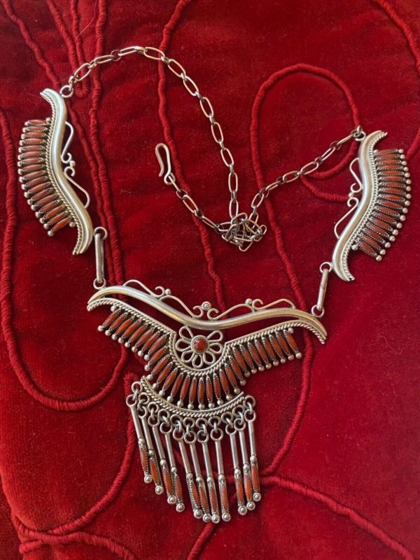 Zuni Norbert and Florenda Haskie Signed Needlepoint Sterling Silver Red Coral Necklace with Dangles/