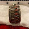 Navajo W Signed Sterling Silver Red Coral Turquoise Stamped Cuff Bracelet/ - Image 2