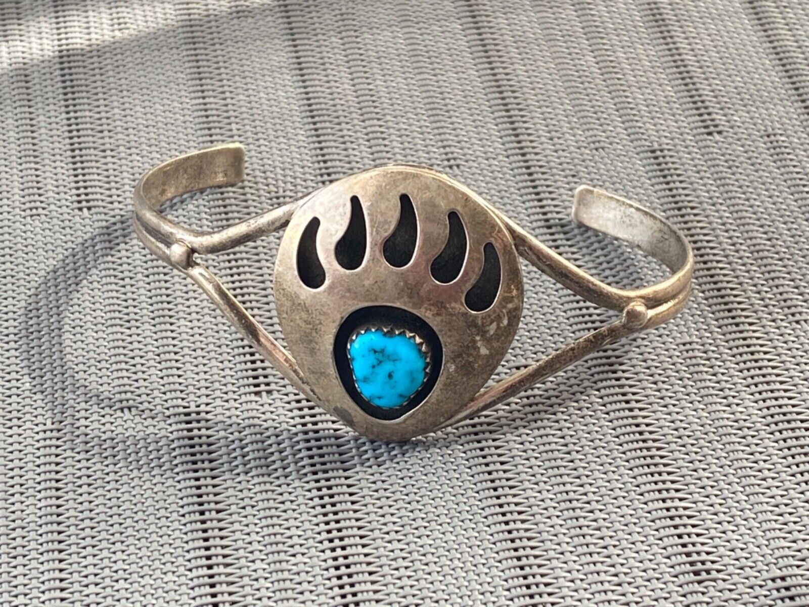 Navajo unsigned sterling silver turquoise bear claw paw shadowbox cuff ...