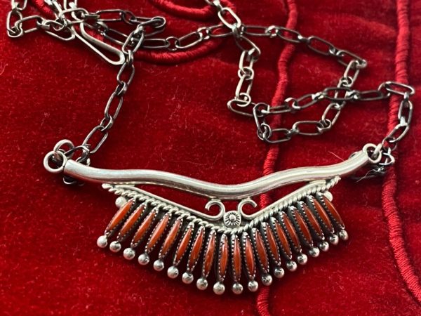 Zuni Norbert and Florenda Haskie Signed Needlepoint Sterling Silver Red Coral Necklace/ - Image 2