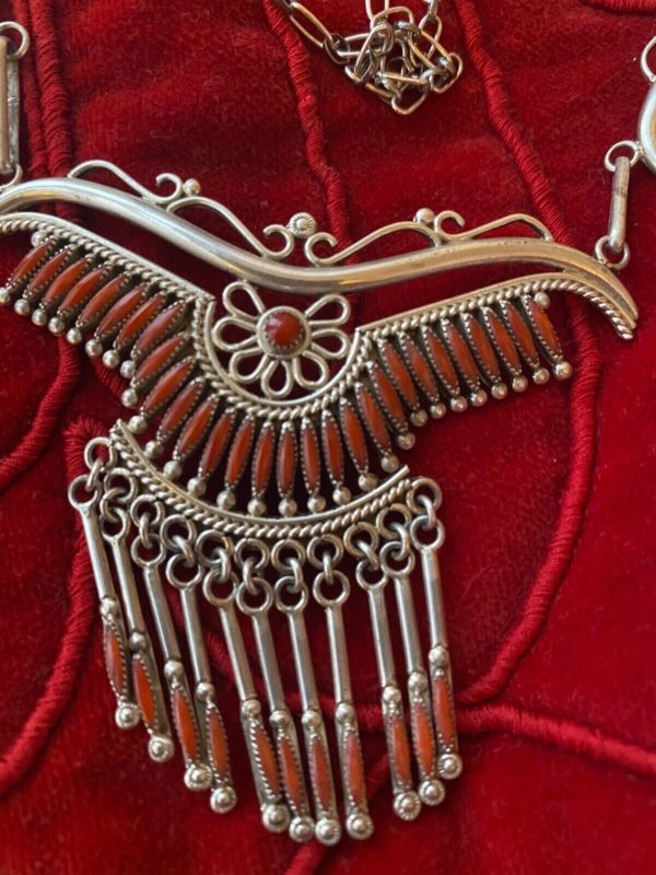 Zuni Norbert and Florenda Haskie Signed Needlepoint Sterling Silver Red Coral Necklace with Dangles/ - Image 3