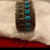 Navajo W Signed Sterling Silver Red Coral Turquoise Stamped Cuff Bracelet/ - Image 3