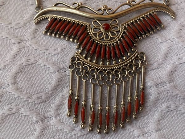 Zuni Norbert and Florenda Haskie Signed Needlepoint Sterling Silver Red Coral Necklace with Dangles/ - Image 4