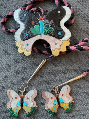 Zuni Tamara Pinto Signed Sterling Silver Carved Inlaid Butterfly Bolo Tie and Matching Tips/