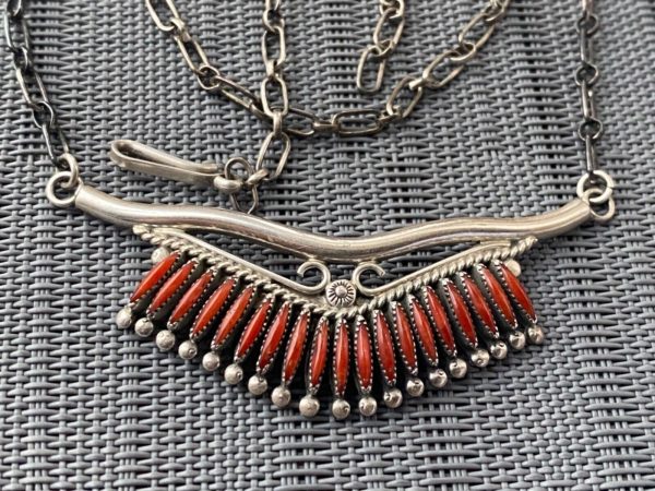 Zuni Norbert and Florenda Haskie Signed Needlepoint Sterling Silver Red Coral Necklace/ - Image 4