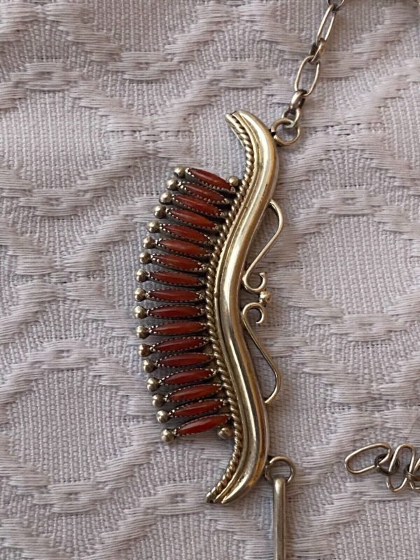 Zuni Norbert and Florenda Haskie Signed Needlepoint Sterling Silver Red Coral Necklace with Dangles/ - Image 5