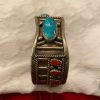 Navajo W Signed Sterling Silver Red Coral Turquoise Stamped Cuff Bracelet/ - Image 4