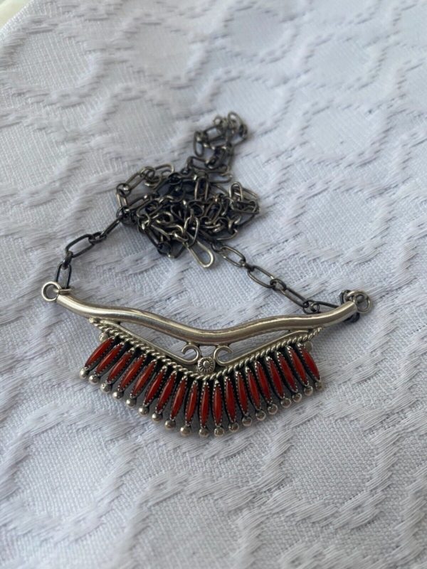 Zuni Norbert and Florenda Haskie Signed Needlepoint Sterling Silver Red Coral Necklace/ - Image 5