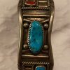 Navajo W Signed Sterling Silver Red Coral Turquoise Stamped Cuff Bracelet/ - Image 6