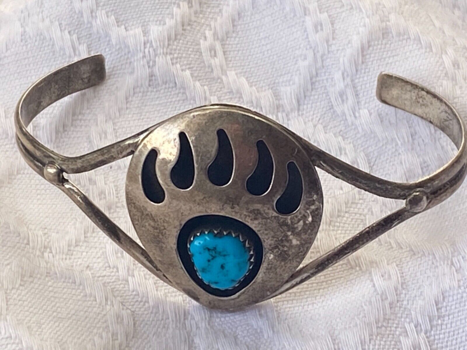 Navajo unsigned sterling silver turquoise bear claw paw shadowbox cuff ...