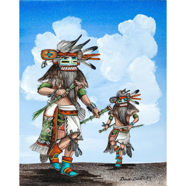 Zuni Duane Dishta Signed 1983 Zuni Helili Kachinas Oil on Canvas Painting