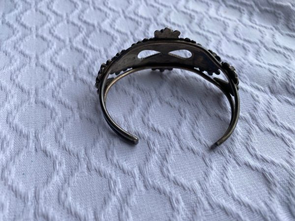 Vintage Zuni Matthew And Rosemary M&R Signed Sterling Turquoise flush inlay flower cuff bracelet - Image 7