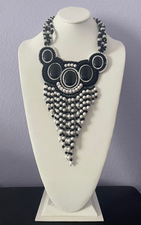111Zuni Jovanna Poblano Signed Black and White Statement Necklace in Black Onyx and Marcacite