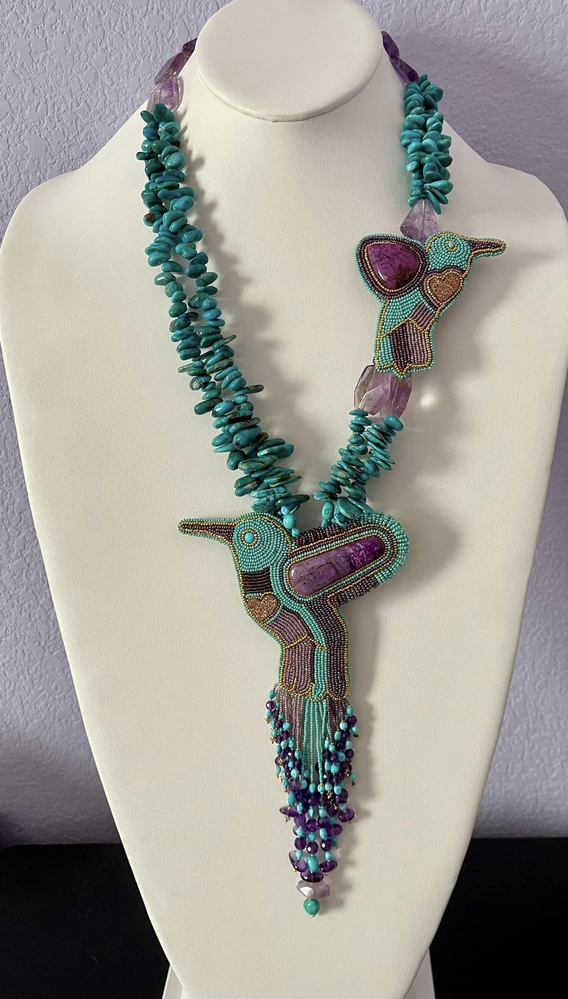 Zuni Jovanna Poblano Signed Beaded Hummingbird Necklace in Sugilite and Drusy Heart Stones with Turquoise Petal beads and faceted Ametrine