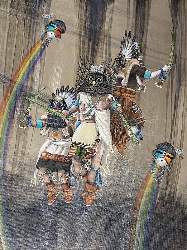Zuni Duane Dishta Signed 1988 Hopi Owl & Soaring Zuni Kachinas Oil on Canvas Painting - Image 3