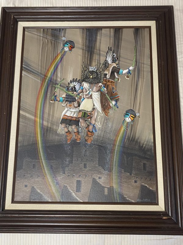 Zuni Duane Dishta Signed 1988 Hopi Owl & Soaring Zuni Kachinas Oil on Canvas Painting - Image 4
