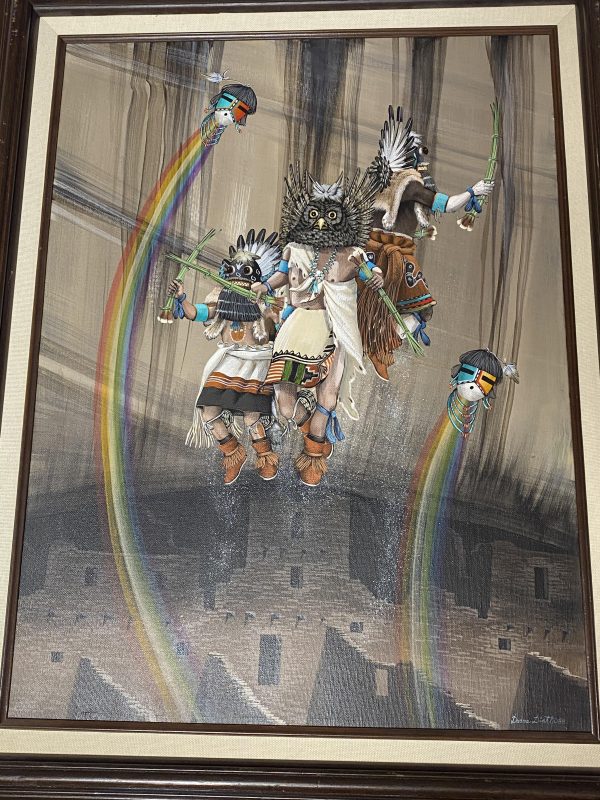 Zuni Duane Dishta Signed 1988 Hopi Owl & Soaring Zuni Kachinas Oil on Canvas Painting