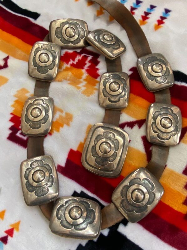 Vintage Native American Frank Patania Sr Signed Sterling Silver Leather Concho Belt/ - Image 2