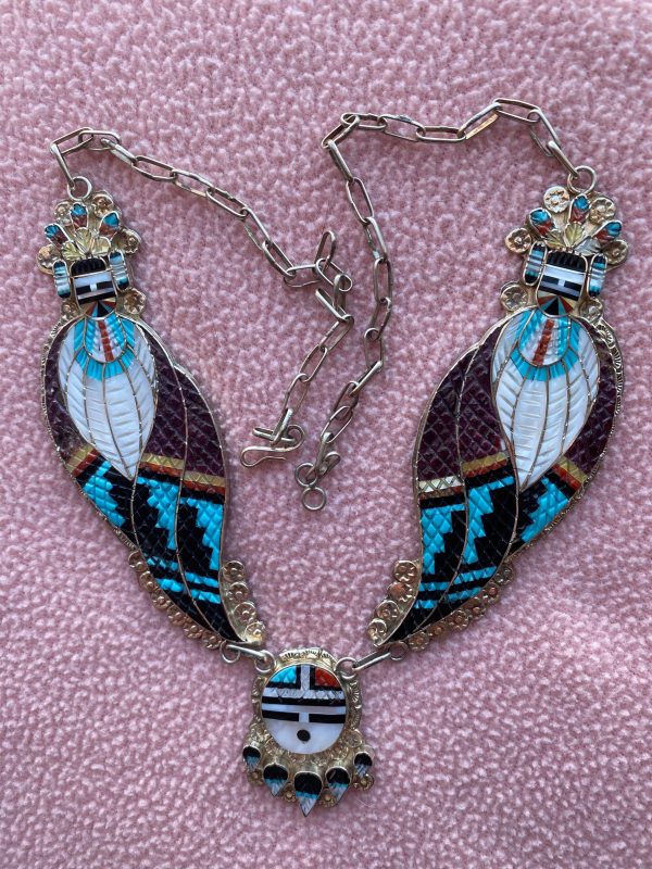 Zuni Eldred Martinez Signed Sterling Silver Inlaid Corn Maiden Sunface Necklace/