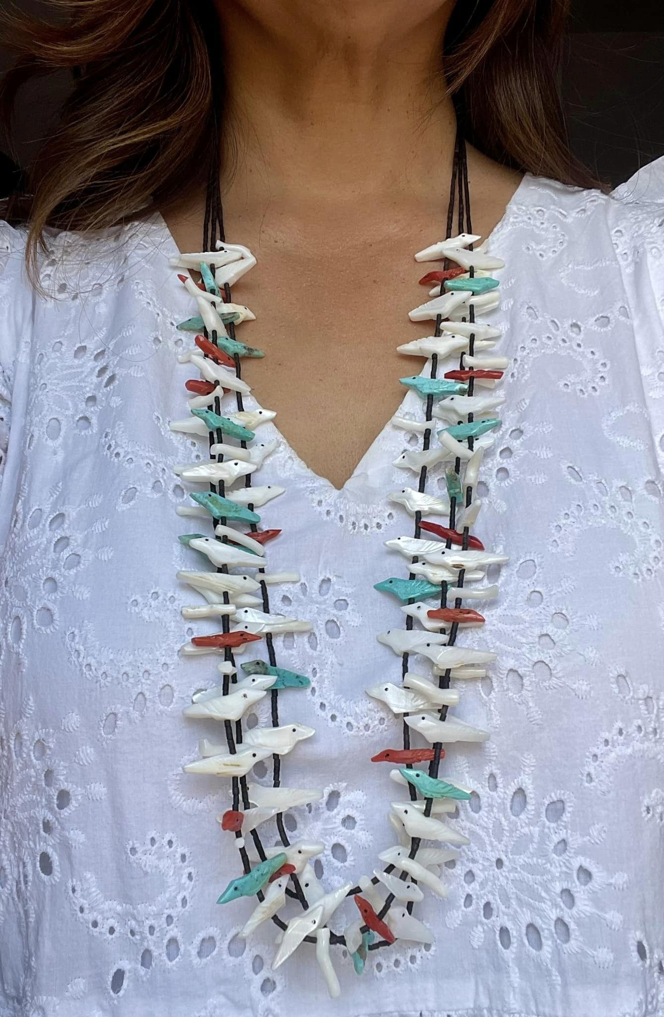 Colorful Native American Zuni Turquoise Shell Coral Bear Birds Fetish Sterling Silver Necklace Colorful Native American Zuni Turquoise Shell Coral Bear Birds Fetish Sterling Silver Necklace