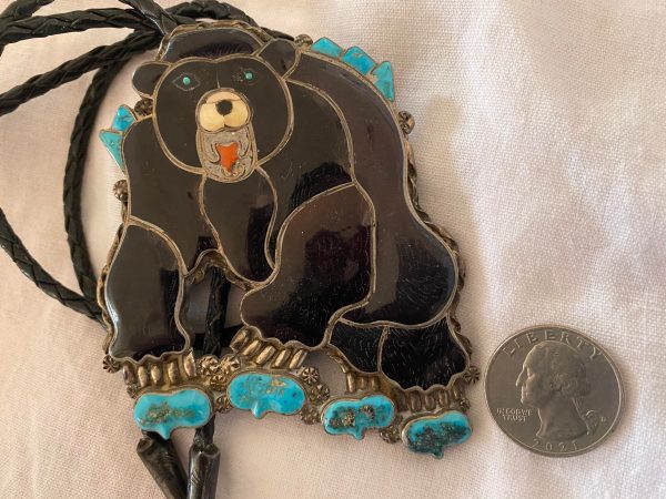 Zuni Ray and Eva Wyaco Signed Sterling Silver Brown Bear Bolo Tie with Matching Bear Claw Tips/