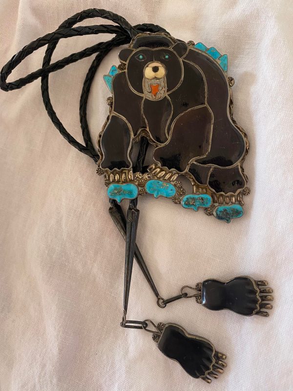 Zuni Ray and Eva Wyaco Signed Sterling Silver Brown Bear Bolo Tie with Matching Bear Claw Tips/ - Image 2